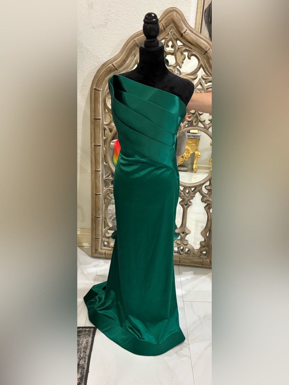 Betsy & Adam Emerald One-Shoulder Satin Gown